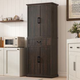 71 LED Kitchen Pantry Cabinet, Farmhouse Storage Cabinet With Door Shelves, Distressed Brown