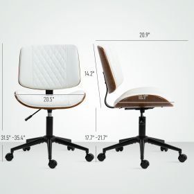 Home Office Chair No Arms With Wheels, PU Leather Desk Chair With Adjustable Height, 360 Swivel For Reading, White