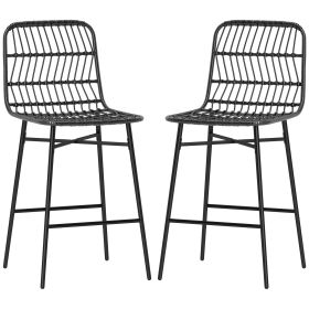 Rattan Counter Bar Stools Set Of 2, 26 Counter Height Barstools With Back, Bar Chairs For Kitchen Island, Black