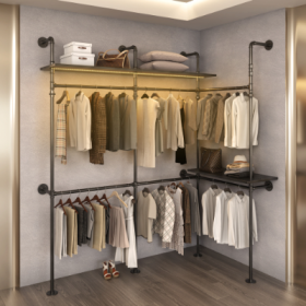 Industrial Pipe Clothing Rack, Reversible 118.3'' Clothes Rack For Hanging Clothes, Heavy Duty Garment Rack Closet Wardrobe Rack With LED Lights & She