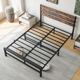 Full Size Platform Bed Frame With Rustic Vintage Wood Headboard, Strong Metal Slats Support Mattress Foundation, No Box Spring Needed Rustic Brown