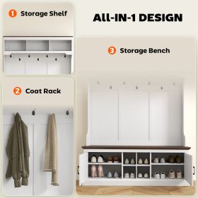 3-in-1 Hall Tree With Shoe Storage, Coat Rack With Bench, Entryway Furniture With Hooks, White Wood Grain