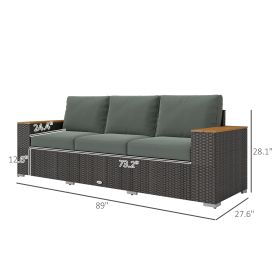3-Seat Outdoor Patio Sofa With Cushions, PE Rattan Wicker Sofa With Wide Armrests, Outdoor Wicker Couch, Dark Gray
