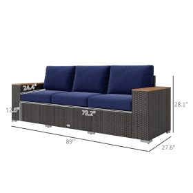 3-Seat Outdoor Patio Sofa With Cushions, PE Rattan Wicker Sofa With Wide Armrests, Outdoor Wicker Couch, Navy Blue