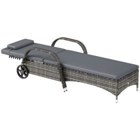 Outdoor Chaise Lounge, 5-Level Adjustable Backrest Rattan Pool Lounge Chair With Wheels, Cushion & Headrest, Gray