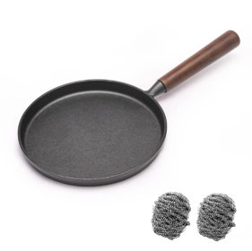 WANGYUANJI Cast Iron Pizza Pan 7.9, Uncoated Pancake Skillet For Indoor And Outdoor, Non-Stick Skillet With Wooden Handle, Handmade Pancakes, Pizza, F