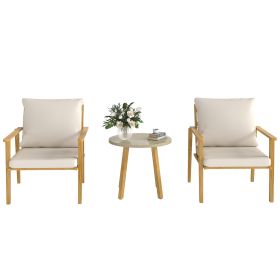 3 Piece Outdoor Bistro Set, Wood Effect Metal Patio Set With Wide And Deep Chairs, Round Table, Cushions, Cream White