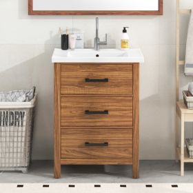 24'' Bathroom Vanity With Ceramic Basin Sink, Modern Bathroom Storage Cabinet With 3 Drawers, Freestanding Bathroom Vanity Cabinet With Single Sink