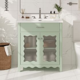 31 Bathroom Vanity With Tempered Glass, Modern Bathroom Cabinet With Rubber Wood Legs And Soft Close Doors, Green
