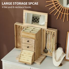 4-Tier Wooden Jewelry Box For Women, Jewelry Organizer With Mirror And 2 Drawers For Rings Earrings Necklaces, Brown