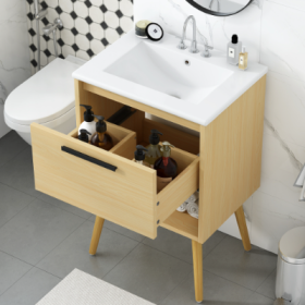 24 Bathroom Vanity With Sink Combo, Multi-functional Bathroom Cabinet With Drawer, MDF Board, Natural