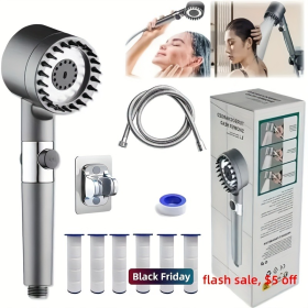Stainless Steel Fixture - 5 Filter Shower Set, With 3 Adjustable Modes, Stainless Steel Panel And Adapter, Perfect Christmas Gift, Christmas Shower. M