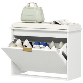 Shoe Storage Bench With Padded Seat Cushion And Flip-Drawer, Entryway Bench, Shoe Cabinet, 24.4x10.2x18.7 Inches, White