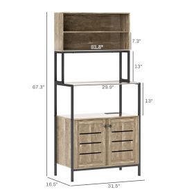 With Power Outlet And Storage Shelves, Microwave Stand With Louvred Door Cabinets, Gray Wood Grain