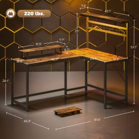 61.6 L Shaped Gaming Desk With Power Outlets & LED Lights, Computer Desk With Monitor Stand And CPU Shelf, Rustic Brown