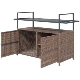 2-Tier Shelf PE Rattan Outdoor Bar Table, Glass Top Outdoor Serving Cart With Cabinet, Mixed Brown