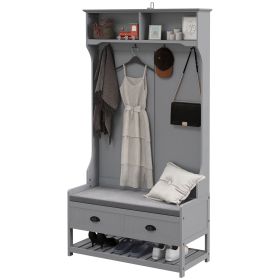HOMCOM 3-in-1 Hall Tree, Entryway Bench with Coat Rack, Mudroom Bench with Shoe Rack, 2 Storage Drawers, 4 Hooks and Cushions for Hallway, Gray