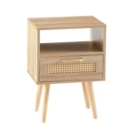 15.75  Rattan End Table With Drawer, Solid Wood Legs, Modern Nightstand