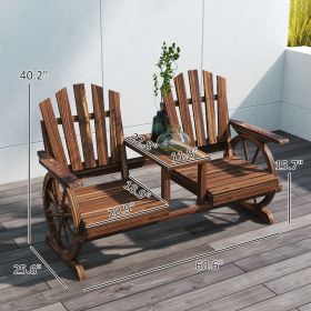 2-Seat Wooden Garden Bench With Table, Umbrella Hole, High Backrest, Armrests For Backyard, Patio, Garden, Carbonized