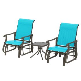 3-Piece Outdoor Gliders Set Bistro Set With Steel Frame, Tempered Glass Top Table For Patio, Garden, Bright Blue