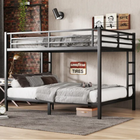 Metal Queen Over Queen Bunk Bed For Teens And Adults,Space-Saving Noise Reduced No Box Spring Needed, Black
