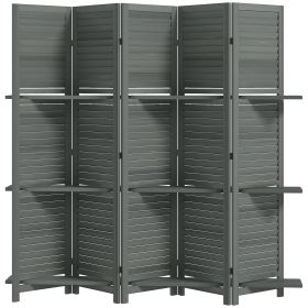 5 Panel 67 Tall Wood Privacy Screen Room Divider With 3 Shelves And Folding Storage For Bedroom, Gray