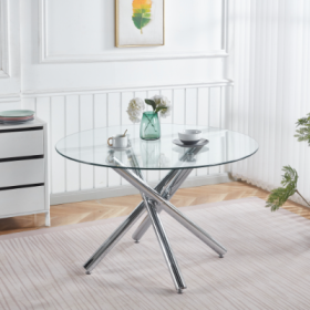 Chrome Dining Table With Metal Leg And Glass,Modern Space Saving Kitchen Table For Living Room,120X120X75CM