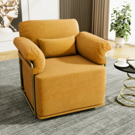 360 Degree Square Swivel Accent Sofa Chair,Fluffy Fabric Lounge Wide Upholstered Reading Chair With Gold Metal Legs, Comfortable Armchair For Living R (Color: Orange)