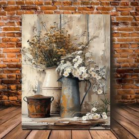1 Piece Framed Wooden Canvas Painting, Rustic Wood Frame Canvas Art - Cream Yellow Wood Grain With White Jasmine Flowers With Rust Colored Watering Ca (Option: 12X18inch)