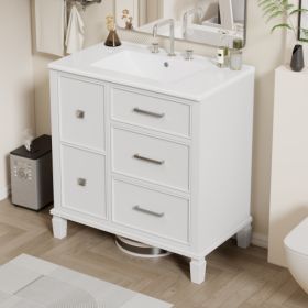 30 Inch Bathroom Vanity With Ceramic Sink, Flip-Out Drawer Design For Plumbing, White Painted MDF Cabinet With Solid Wood Legs (Color: White)