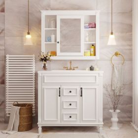 36'' Bathroom Vanity With Top Sink, Royal Blue Mirror Cabinet, Modern Bathroom Storage Cabinet With 2 Soft Closing Doors And 2 Drawers, Single Sink Ba (Color: White)