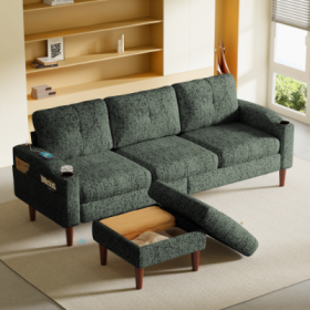 Convertible Combination Sofa Sofa L Shaped Sofa With Footstools With Storage,Orange Sofa For Living Room, Living Room Bedroom Office Small Space 3 Sea (Color: Green)