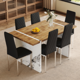 Table And Chair Set.Natural Wood Grain MDF Dining Table  55x31.5 Inch.Paired With 6 Modern Style Dining Chairs In Light Gray, Essential For Minimalist (Option: BlackSilver)