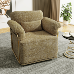 360 Degree Square Swivel Accent Sofa Chair,Fluffy Fabric Lounge Wide Upholstered Reading Chair With Gold Metal Legs, Comfortable Armchair For Living R (Color: Brown)