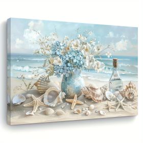1 Piece Framed Wooden Canvas Painting, One Piece Blue Vase Floral Canvas Print, Wooden Frame Wall Art, Shell And Ocean Theme, Home And Office Decor, S (Option: 16X12inch)