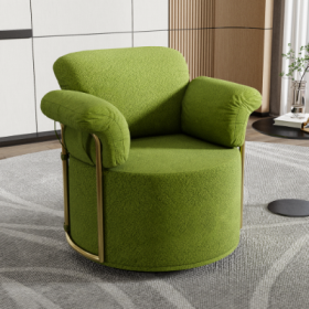 360 Degree Barrel Swivel Accent Sofa Chair,Fluffy Fabric Lounge Wide Upholstered Reading Chair With Gold Metal Legs, Comfortable Round Armchair For Li (Color: Green)