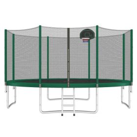 14FT Trampoline For Kids With Safety Enclosure Net, Basketball Hoop And Ladder, Easy Assembly Round Outdoor Recreational Trampoline (Color: Green)