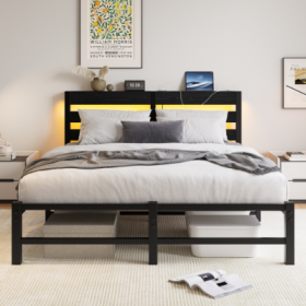Queen Size Metal Bed Frame With Wooden Headboard, RGB Lights, Charger, Storage Shelf, Noise-Free, No Box Spring Needed, Black (Color: Black)