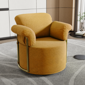 360 Degree Barrel Swivel Accent Sofa Chair,Fluffy Fabric Lounge Wide Upholstered Reading Chair With Gold Metal Legs, Comfortable Round Armchair For Li (Color: Orange)