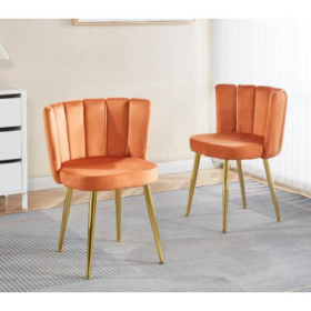 Modern ORANGE Dining Chair  Set Of 2   With Iron Tube Golden Color Legs, Velvet And Comfortable Backrest, Suitable For Dining Room, Living Room, Cafe, (Color: Orange)