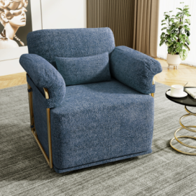 360 Degree Square Swivel Accent Sofa Chair,Fluffy Fabric Lounge Wide Upholstered Reading Chair With Gold Metal Legs, Comfortable Armchair For Living R (Color: Blue)
