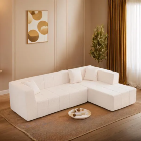 Modular L-Shaped Sectional Floor Couch, Deep Seat Tufted Comfy Sofa Set With Chaise For Living Room (Color: White)
