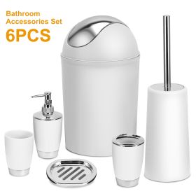 Bathroom Accessories Set 6 Pcs Bathroom Set Ensemble Complete Soap Dispenser Toothbrush Holder Tumbler Soap Dish Toilet Cleaning Brush Trash Can (Color: White)