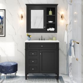 30'' Bathroom Vanity With Top Sink, Modern Bathroom Storage Cabinet With 2 Drawers And A Tip-out Drawer, Freestanding Vanity Set With Mirror Cabinet, (Color: Black)