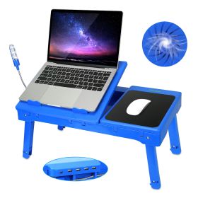 1Pc Foldable Laptop Table Bed Notebook Desk With Cooling Fan Mouse Board LED Light 4 USB Ports Breakfast Snacking Tray With Storage Groove For Home Of (Option: 1Pc Blue)