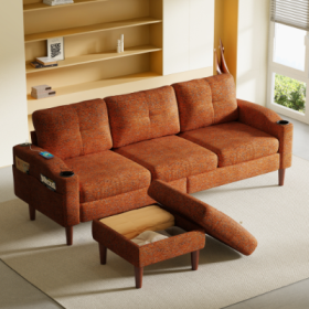 Convertible Combination Sofa Sofa L Shaped Sofa With Footstools With Storage,Orange Sofa For Living Room, Living Room Bedroom Office Small Space 3 Sea (Color: Orange)