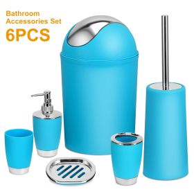 Bathroom Accessories Set 6 Pcs Bathroom Set Ensemble Complete Soap Dispenser Toothbrush Holder Tumbler Soap Dish Toilet Cleaning Brush Trash Can (Color: Blue)