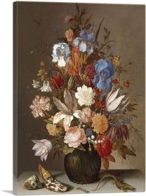 Flowers in Vase With Lizard 1630 (Type: Standard Framed Canvas Print, size: 24" x 16" / 60cm x 40cm (approx))