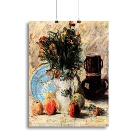 Vase with Flowers Coffeepot and Fruit by Van Gogh Canvas Print or Poster (Type: Standard Framed Canvas Print, size: 12" x 8" / 30cm x 20cm (approx))