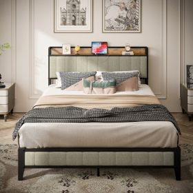 Queen Size Bed Frame With Charging Station, Upholstered Headboard, Metal Platform, Grey (Option: Light Gray)